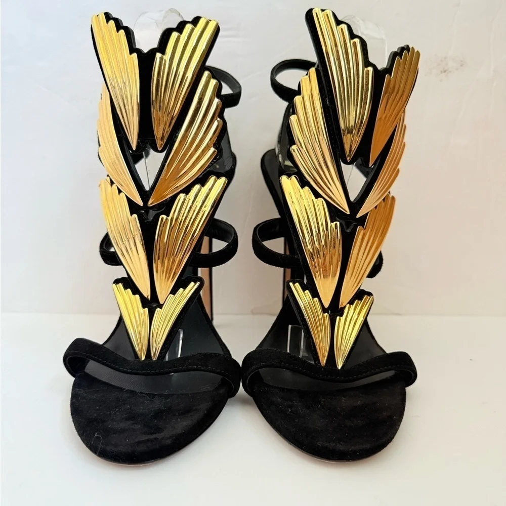 Giuseppe Zannoti Black Suede Leather Gold Wings Cruel 2.0 High Heel Sandals EU41